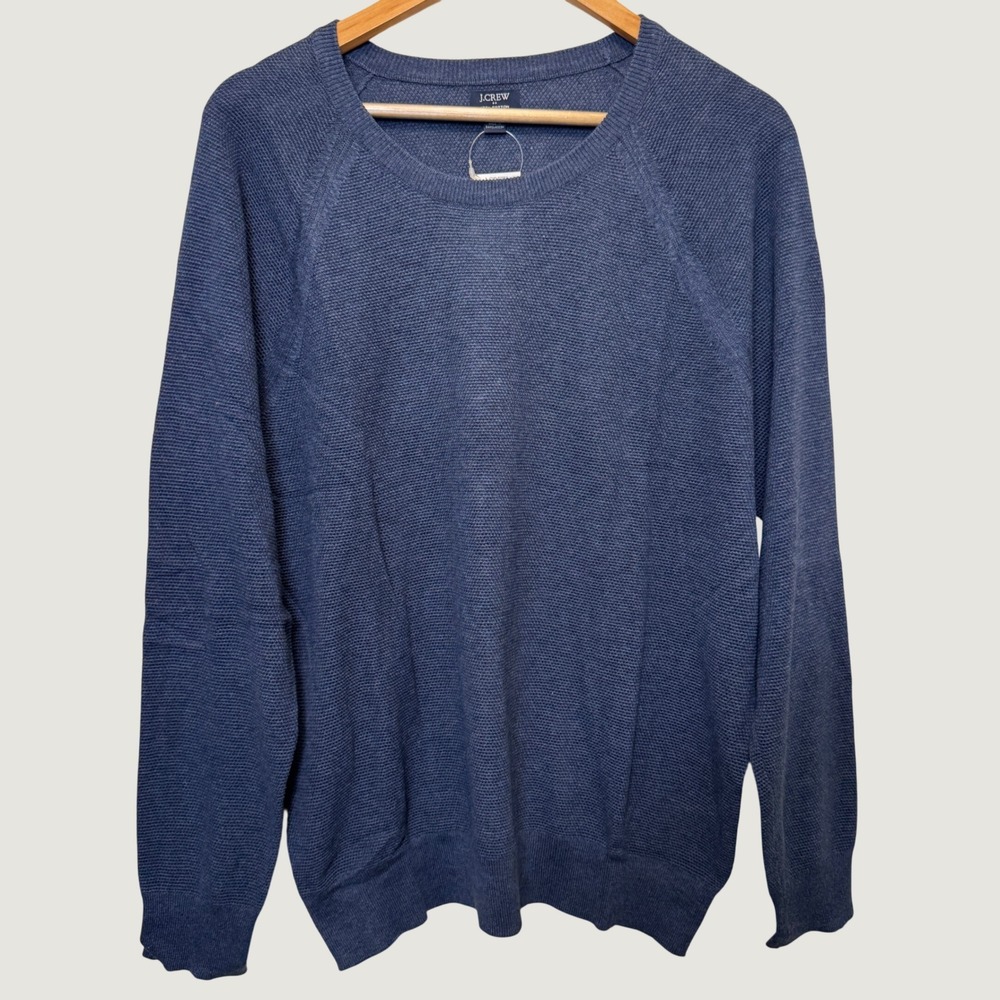 J.Crew Mens Sweater XL Blue Textured Cotton Raglan Sleeve Crewneck Preppy